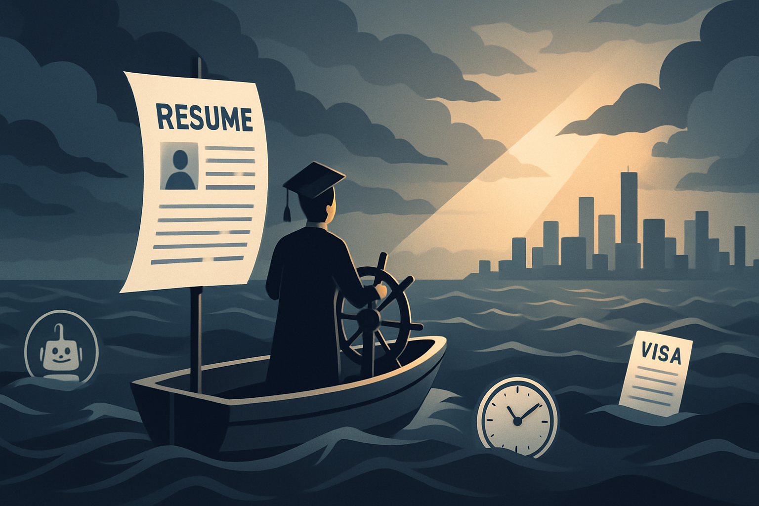 A symbolic digital illustration of a lone graduate as a modern-day seafarer, standing at the helm of a small boat navigating a vast, stormy ocean under a city skyline. The boat carries resumes as sails, surrounded by abstract elements symbolizing ATS bots, visa documents, and ticking clocks floating like buoys. The atmosphere is tense yet hopeful, with a beam of warm light breaking through the clouds, representing perseverance and luck. Clean, professional, and minimalist design, widescreen 16:9, 1920 x 1080.