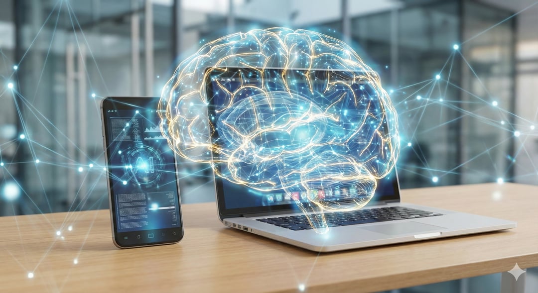 AI generated image of a laptop and a smartphone overlayed by a neural pathway