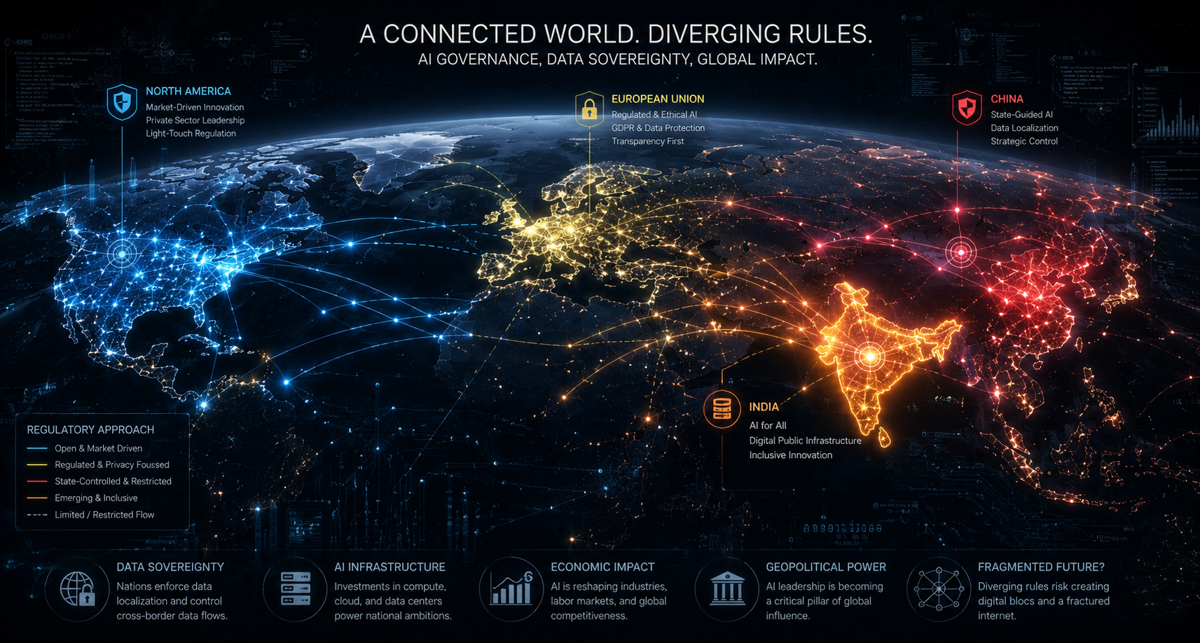 A futuristic world map at night viewed from space, with glowing AI network lines connecting major regions including the United States, European Union, India, China, and Canada.