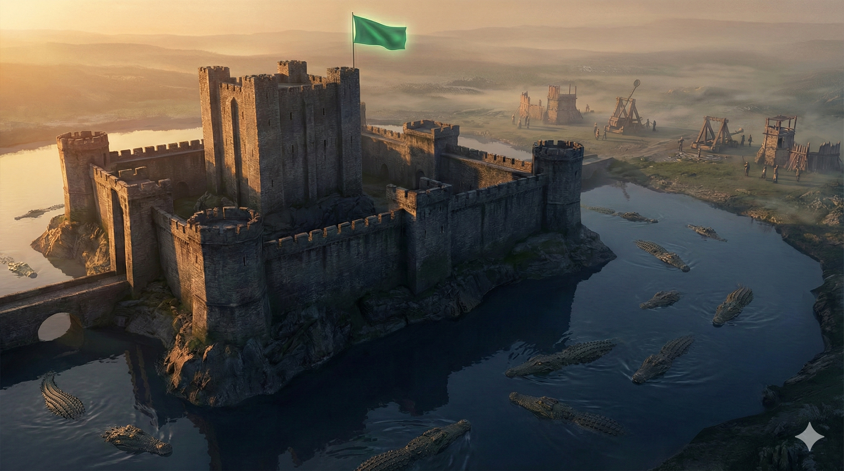 Stone castle surrounded by a moat filled with crocodiles. An enemy camp is right outside, with trebuchets.