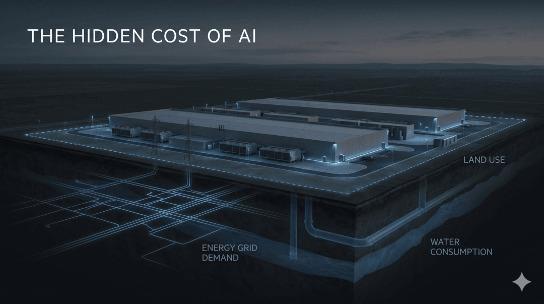 A hyperscale AI data center above ground, with layered visuals beneath showing power grids, water pipelines, and land infrastructure illustrating the hidden physical cost of AI.