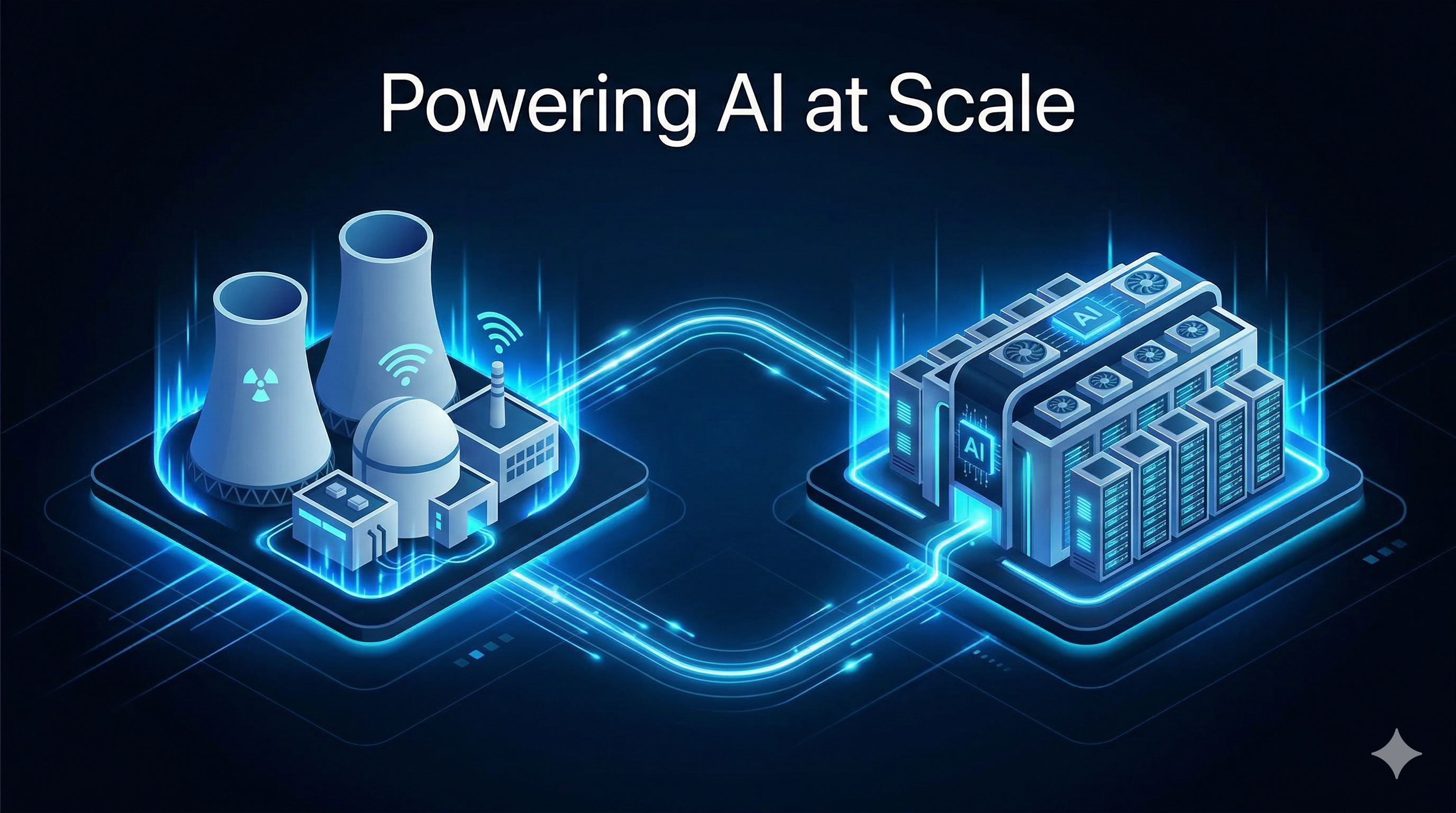 An image depicting energy from a nuclear power plant going to a data server